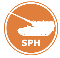 Icon of a SPH (Self-Propelled Howitzer) equipped with military power solutions